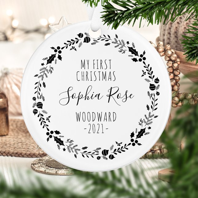 Ornamento Primeiro Natal Foto do Bebê Preto Branco (Criador carregado)