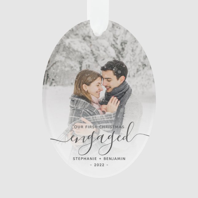 Ornamento Primeiro Natal noivo Foto Personalizada Cinza Scri (Frente)