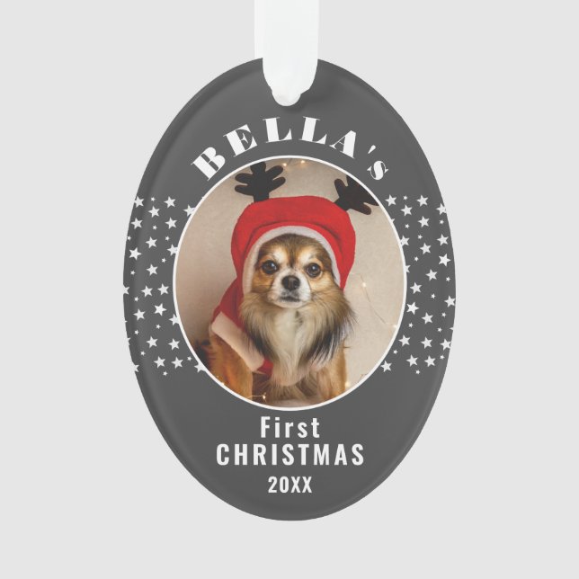 Ornamento Primeiro Natal - Pet Photo Stars Blush Cinza (Frente)