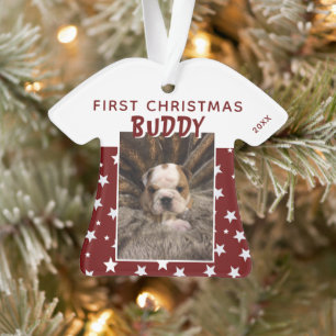 Ornamento Primeiro Natal Red Star Pattern Puppy Dog Foto