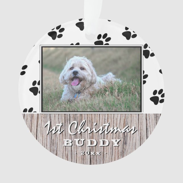 Ornamento Primeiro Natal - Rustic Puppy 2 Photo Paw Padrão (Frente)