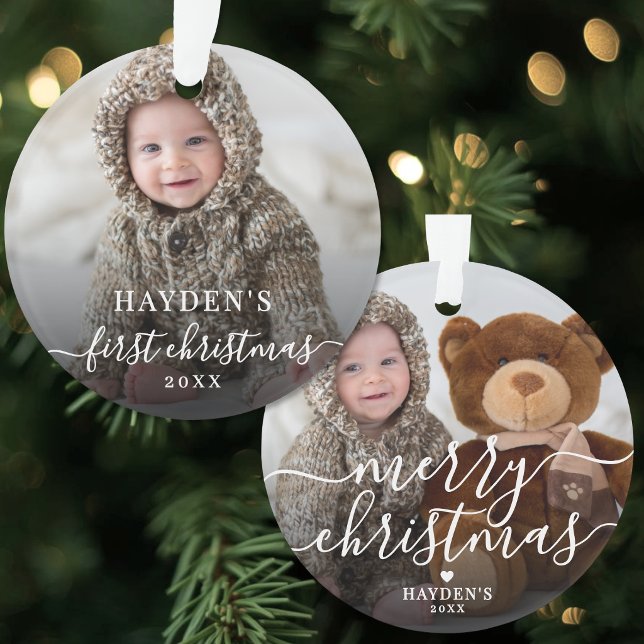 Ornamento Primeiro Natal Simples Script Foto do Bebê (First Christmas Simple Script Baby Photo Ornament )
