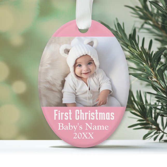 Ornamento Primeiro plano de fotos de natal da menina rosa (Personalized First Christmas Ornament)