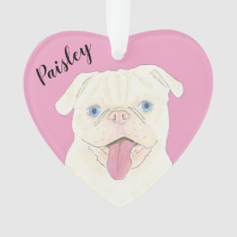 Ornamento Pug Branco de Coração Rosa Personalizado