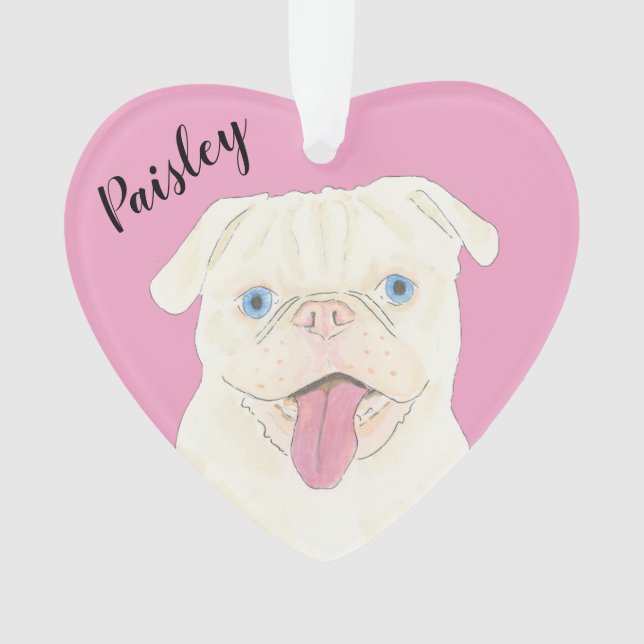 Ornamento Pug Branco de Coração Rosa Personalizado (Frente)