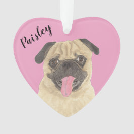 Ornamento Pug de Coração Rosa Personalizado