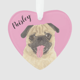 Ornamento Pug de Coração Rosa Personalizado