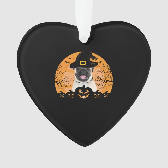 Ornamento Pug Witch Hat Jack-o-Lantern Cães Halloween T-Shir (Frente)