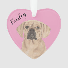 Ornamento Puggle de Coração Rosa Personalizado