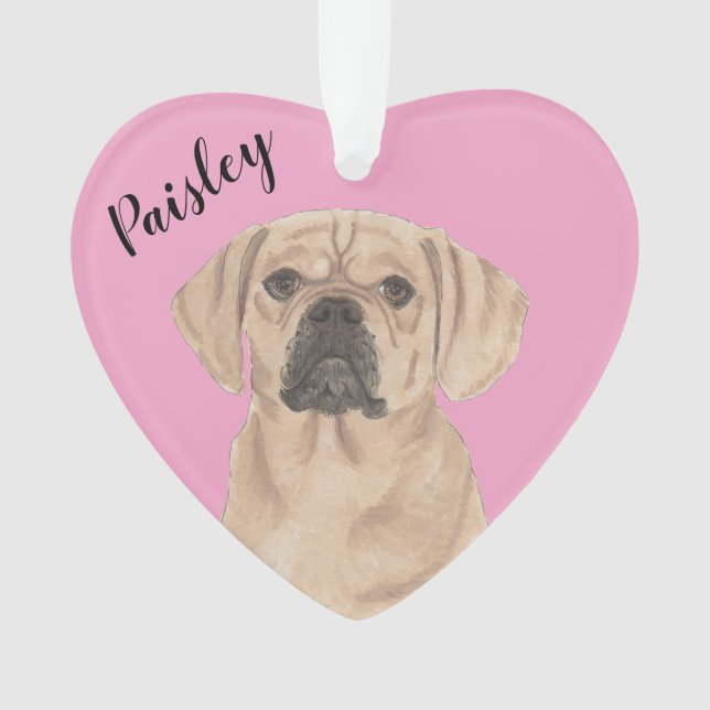 Ornamento Puggle de Coração Rosa Personalizado (Frente)