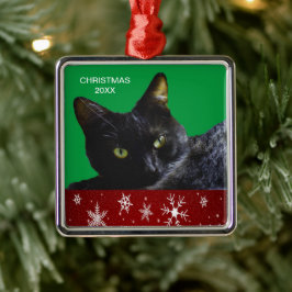 Ornamento Quadrado Premium de Natal 20XX Gato Pret