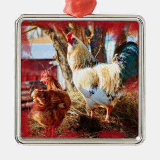 Ornamento quadrado superior com galinha e galo