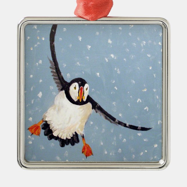 Ornamento Quadrado "Um Puffin Repleto" (Frente)