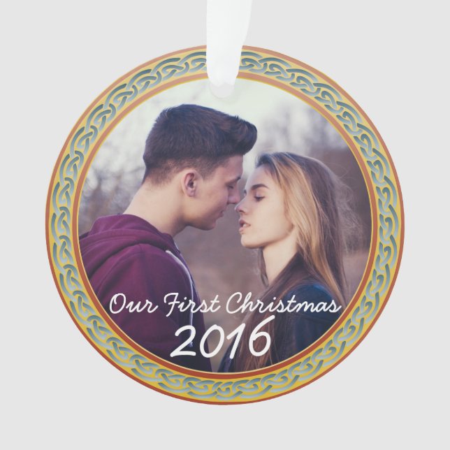 Ornamento Quadro celta do nó & "nosso primeiro Natal " (Frente)