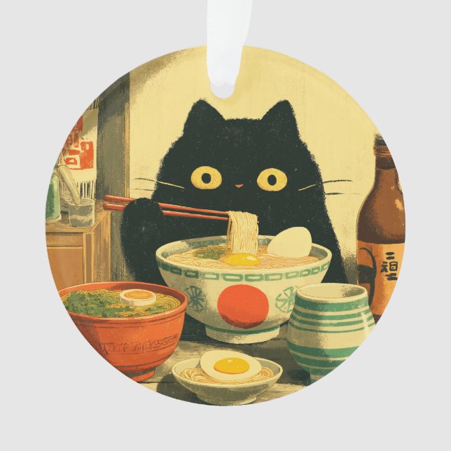 Ornamento Ramen Comendo Gato Negro Engraçado (Frente)