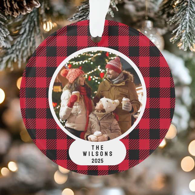 Ornamento Red and Black Buffalo Plaid Photo Christmas (Red and Black Buffalo Plaid Photo Christmas Ornament)