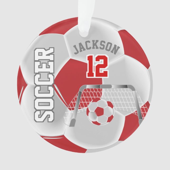 Ornamento Red and White Personalize a bola de futebol (Frente)