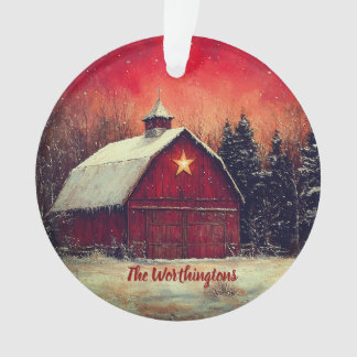 Ornamento Red Barn with Star and Trees Farmhouse Monogram