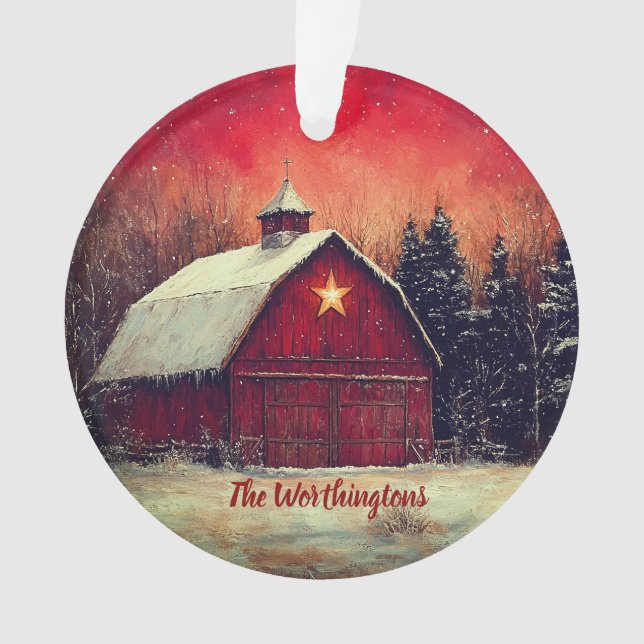 Ornamento Red Barn with Star and Trees Farmhouse Monogram (Frente)