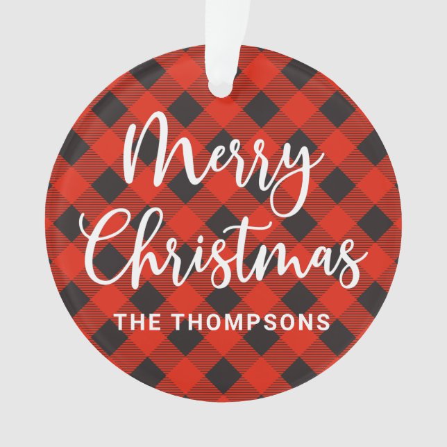 Ornamento Red Black Buffalo Cheque Feliz Natal (Frente)