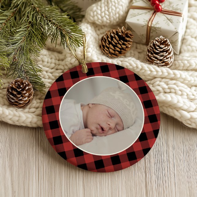 Ornamento RED BUFFALO PLAID NAME Photo Christmas Keepsake (Criador carregado)