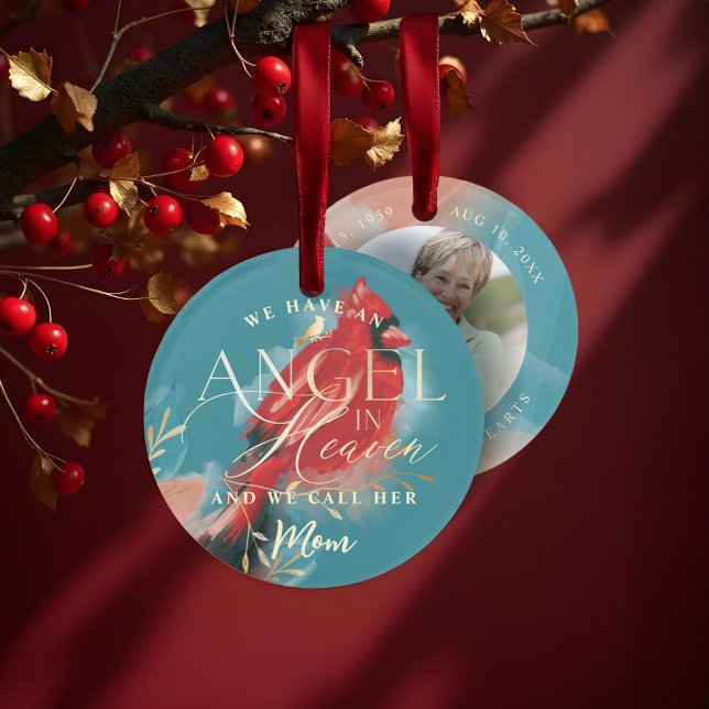 Ornamento Red Cardinal Angel no Céu Mãe Foto Memorial (Red Cardinal Angel in Heaven Mom Memorial Photo Ornament)