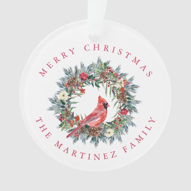 Ornamento Red Cardinal Pine Wreath Feliz Natal (Frente)
