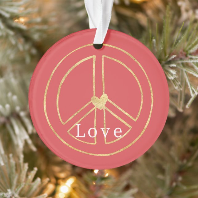 Ornamento Red Gold Heart Peace Sign Love Christmas (Árvore)