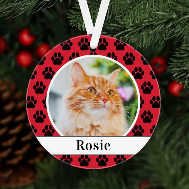Ornamento Red Pet Paw Imprime Foto personalizada do nome do  (Criador carregado)