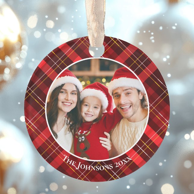 Ornamento Red Plaid Tartan Family Photo 2 Sided Christmas (Criador carregado)
