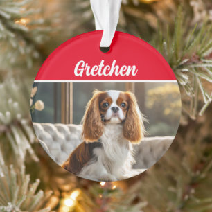 Ornamento Rei Charles Spaniel com nome e foto de Natal