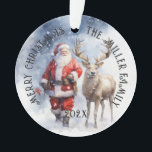Ornamento Reindeer de Papais noeis Vintage Personalizado<br><div class="desc">Este ornamento no tema do Natal apresenta Papais noeis de vintagem com renas e texto personalizável é um ornamento perfeito para qualquer árvore de Natal. Você pode facilmente mudar seu nome de família e o ano para tornar este ornamento único seu.</div>