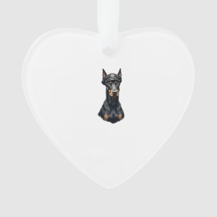 Ornamento Retrato Vintage de Cão Policial Doberman Preto e B