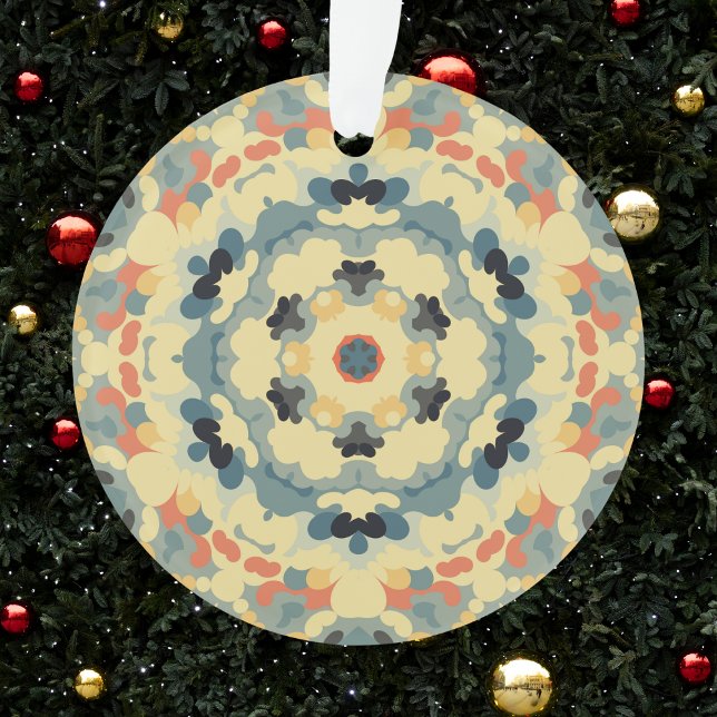 Ornamento Retro Mandala Blue Yellow e Red (Blue Red and Tan Retro Mandala Ornament by Wormhole Orbital)