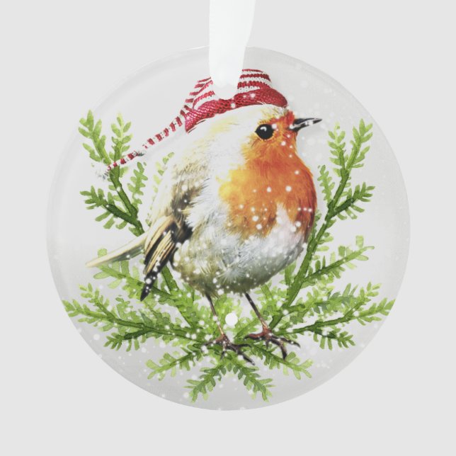 Ornamento Robin com Santa Hat e Neve (Frente)