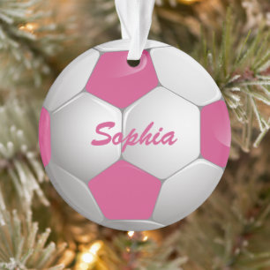 Ornamento Rosa customizável e branco da bola de futebol do