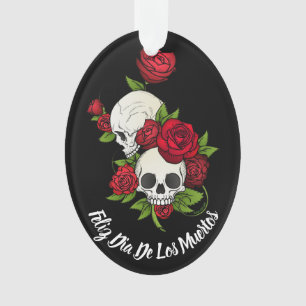 Ornamento Rosas vermelhas e crânios Feliz Dia dos Mortos