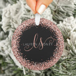 Ornamento Rose Gold Blush Pink Glitter Glam Monogram Name<br><div class="desc">Glam Rose Gold Glitter Elegant Monogram Ornament. Easily personalize this trendy chic ornament design featuring elegant rose gold sparkling glitter on a black background. The design features your handwritten script monogram with pretty swirls and your name.</div>