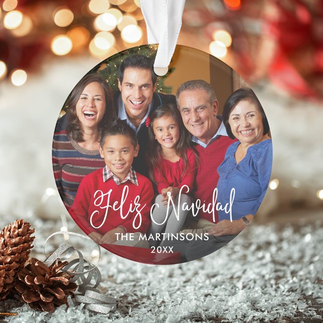 Ornamento Roteiro de Caligrafia Feliz Navidad Foto Vermelho (Customize with your photo, name and year.)