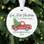 Ornamento Roteiro de Pincel Verde Primeiro Natal Novo Caminh<br><div class="desc">Escrita de Pincel Moderna Nosso Primeiro Natal em nosso Novo Ornamento Doméstico inclui Watercolor Vintage Red Truck com Árvore de Natal - Script Verde Florestal</div>