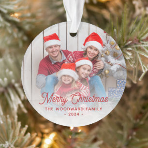 Ornamento Roteiro Vermelho de Foto da Família Feliz Natal