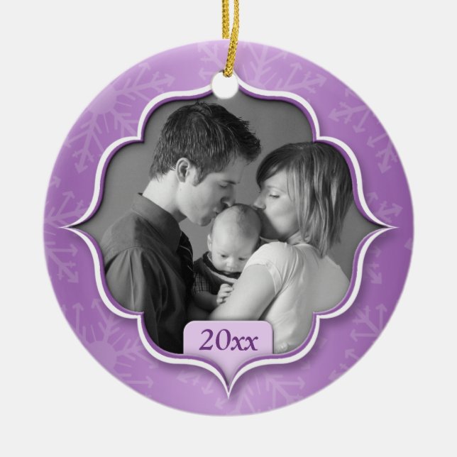 Ornamento roxo da foto do ø Natal da família (Frente)