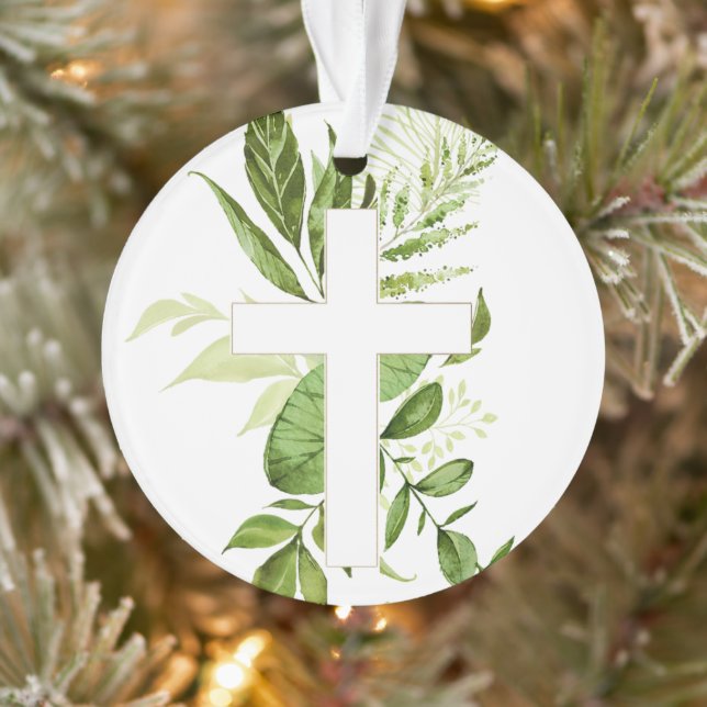 Ornamento Rustic Baptism Greenery Cross Favor (Árvore)