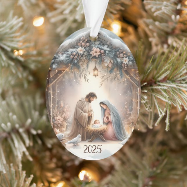 Ornamento Rustic Nativity Scene with Winter Florals Card (Árvore)