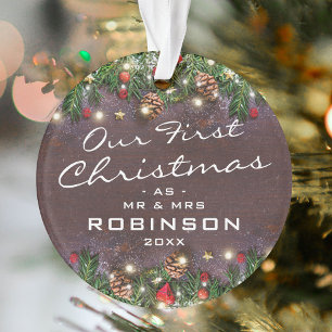 Ornamento Rustic Primeiro Natal Sr & Sra. Newlyweds