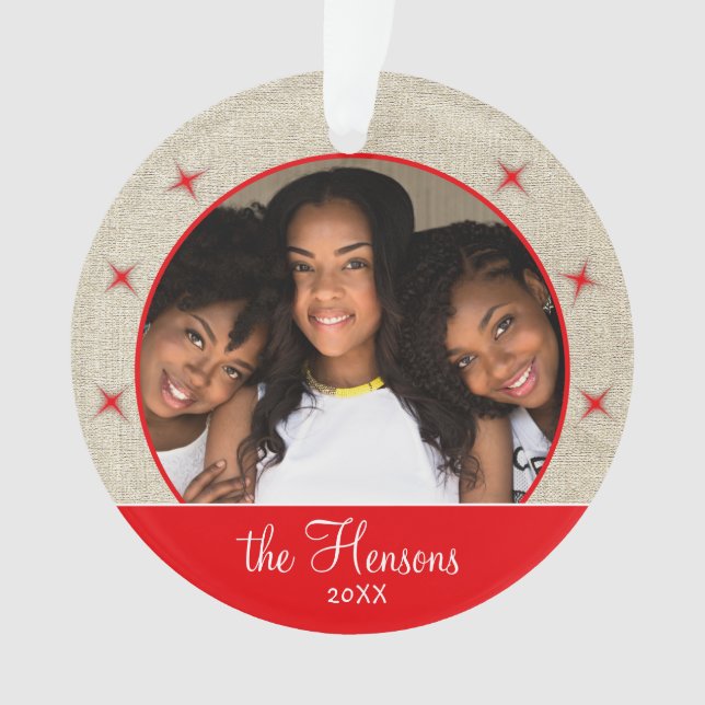 Ornamento Rustic Red Snowflake Foto de Natal Keepsasak (Frente)