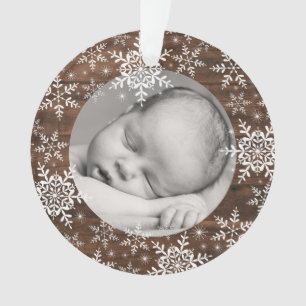 Ornamento Rustic Snowflakes Baby Primeiro Natal