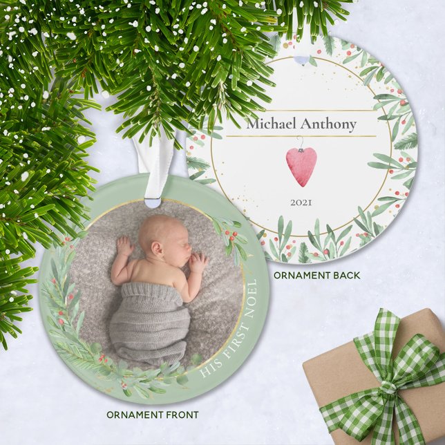 Ornamento Sage "First Noel" Christmas Greenery Baby Photo (Criador carregado)