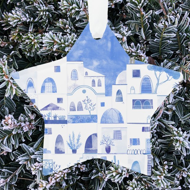 Ornamento Santorini Grécia Watercolor (Watercolor Oia Santorini Greek Island holiday ornament)
