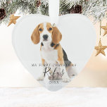 Ornamento Script Pet Dog First Christmas Photo<br><div class="desc">Pet dog primeiro script de fotos de Natal. Personalize com suas fotos favoritas adicionando seu nome e o ano para criar uma memória e um presente exclusivos. Uma família encantadora para celebrar sua nova chegada! Projetado por Thisnotme©</div>